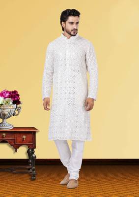 Festive Wear Designer Mirror Work Georgette Chikankari Heavy Kurta With Pyjama 1