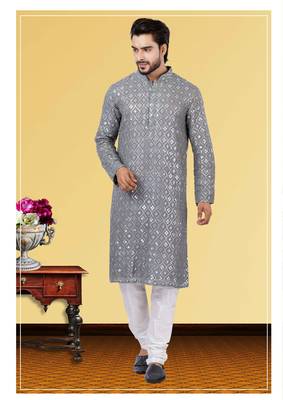 Festive Wear Designer Mirror Work Georgette Chikankari Heavy Kurta With Pyjama 1