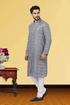 Festive Wear Designer Mirror Work Georgette Chikankari Heavy Kurta With Pyjama