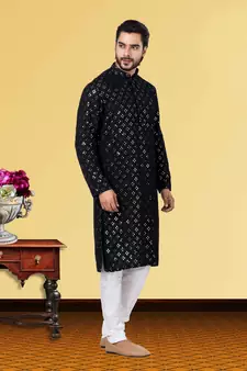 Festive Wear Designer Mirror Work Georgette Chikankari Heavy Kurta With Pyjama