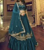 Dark-aqua-blue embroidered art silk semi stitched lehenga