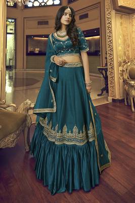Dark-aqua-blue embroidered art silk semi stitched lehenga 3