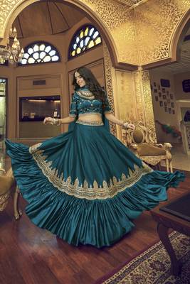 Dark-aqua-blue embroidered art silk semi stitched lehenga 4