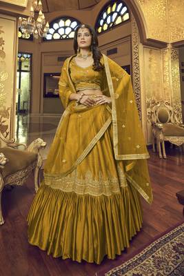 Mustard embroidered art silk semi stitched lehenga 1