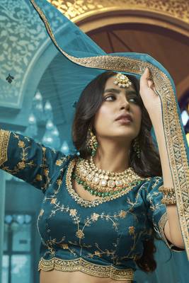 Dark-aqua-blue embroidered art silk semi stitched lehenga 5