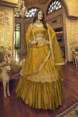 Mustard embroidered art silk semi stitched lehenga 3