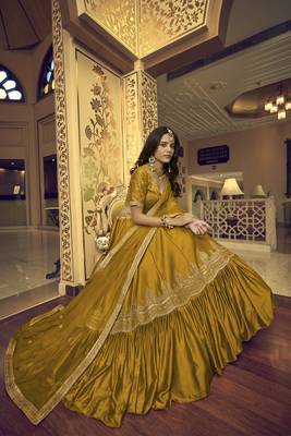 Mustard embroidered art silk semi stitched lehenga 4
