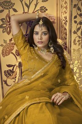 Mustard embroidered art silk semi stitched lehenga 5