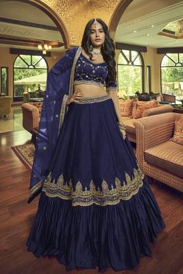 Navy-blue embroidered art silk semi stitched lehenga 3