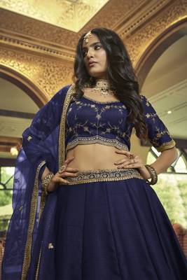 Navy-blue embroidered art silk semi stitched lehenga 5