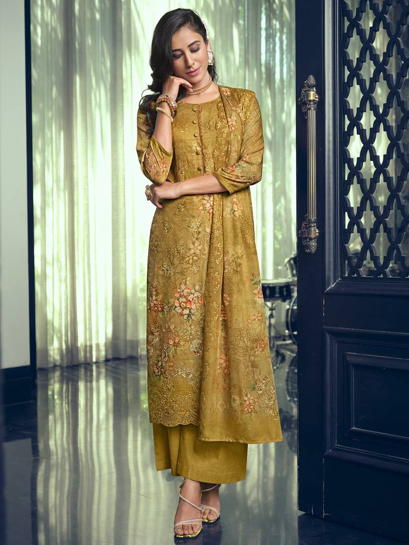 Yellow embroidered pure silk salwar