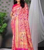 Pink woven Banarasi silk blend saree with blouse