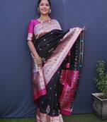 Black woven Banarasi silk blend saree with blouse