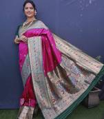 Pink woven Banarasi silk blend saree with blouse