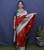 Red woven Banarasi silk blend saree with blouse