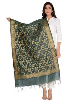Banjara India Women's Banarasi Kora Silk Zari Dupatta - Kiara-Green