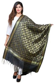 Banjara India Women's Banarasi Kora Silk Zari Dupatta - Curly-Black