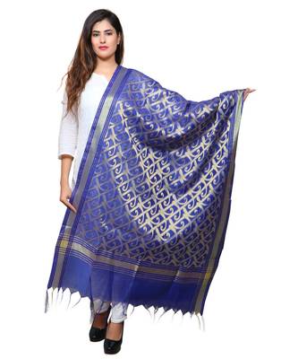 Banjara India Women's Banarasi Kora Silk Zari Dupatta - Curly-Blue 1