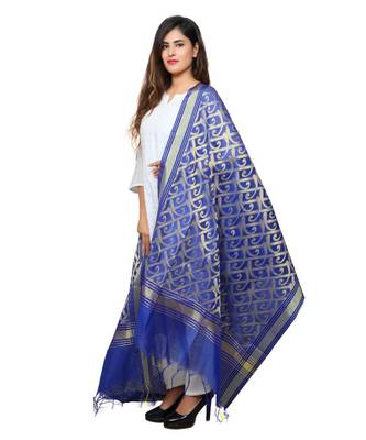 Banjara India Women's Banarasi Kora Silk Zari Dupatta - Curly-Blue 2