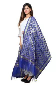 Banjara India Women's Banarasi Kora Silk Zari Dupatta - Curly-Blue