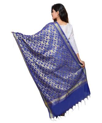 Banjara India Women's Banarasi Kora Silk Zari Dupatta - Curly-Blue 3