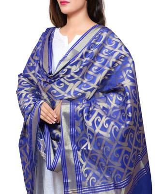 Banjara India Women's Banarasi Kora Silk Zari Dupatta - Curly-Blue 4