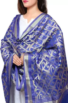 Banjara India Women's Banarasi Kora Silk Zari Dupatta - Curly-Blue