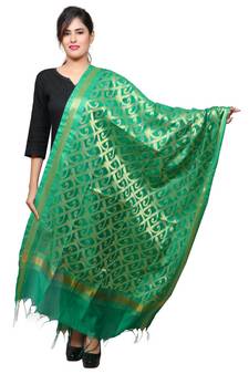 Banjara India Women's Banarasi Kora Silk Zari Dupatta - Curly-Green