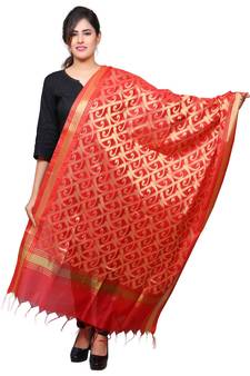 Banjara India Women's Banarasi Kora Silk Zari Dupatta - Curly-Red