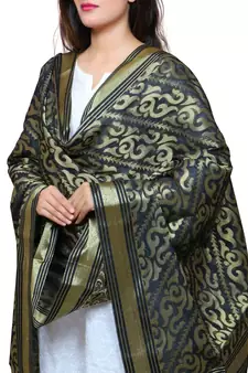 Banjara India Women's Banarasi Kora Silk Zari Dupatta - Sunny-Black