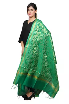 Banjara India Women's Banarasi Kora Silk Zari Dupatta - Sunny-Green