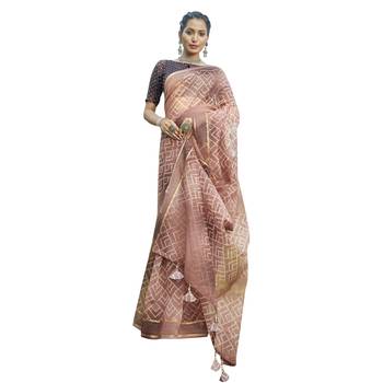 Peach printed organza saree with blouse 1