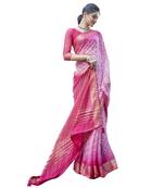 Pink printed pure chiffon saree with blouse