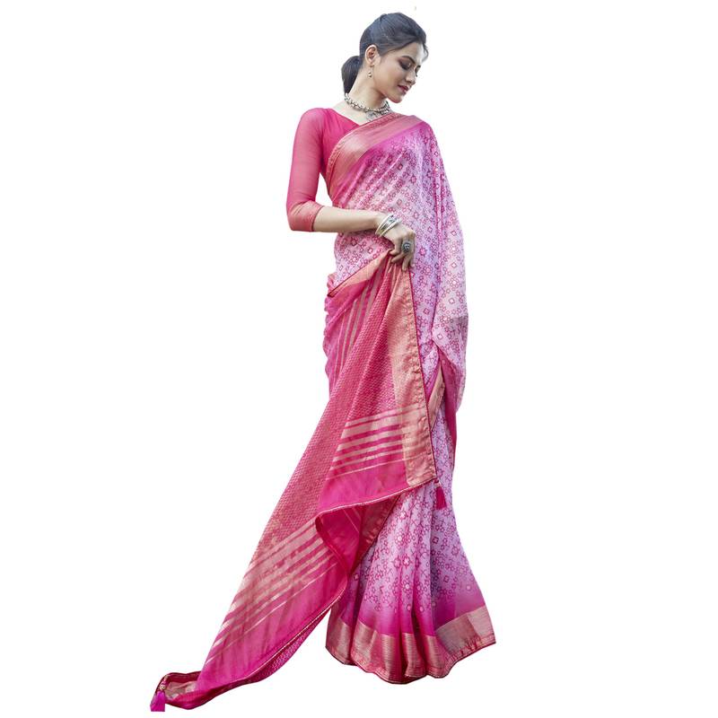 Pink printed pure chiffon saree with blouse