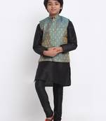 Boys Black Silk Blend Kurta and Churidar with Jacquard Blue Nehru Jacket