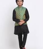 Boys Black Silk Blend Kurta and Churidar with Jacquard Green Nehru Jacket