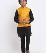 Boys Black Silk Blend Kurta and Churidar with Jacquard Yellow Nehru Jacket