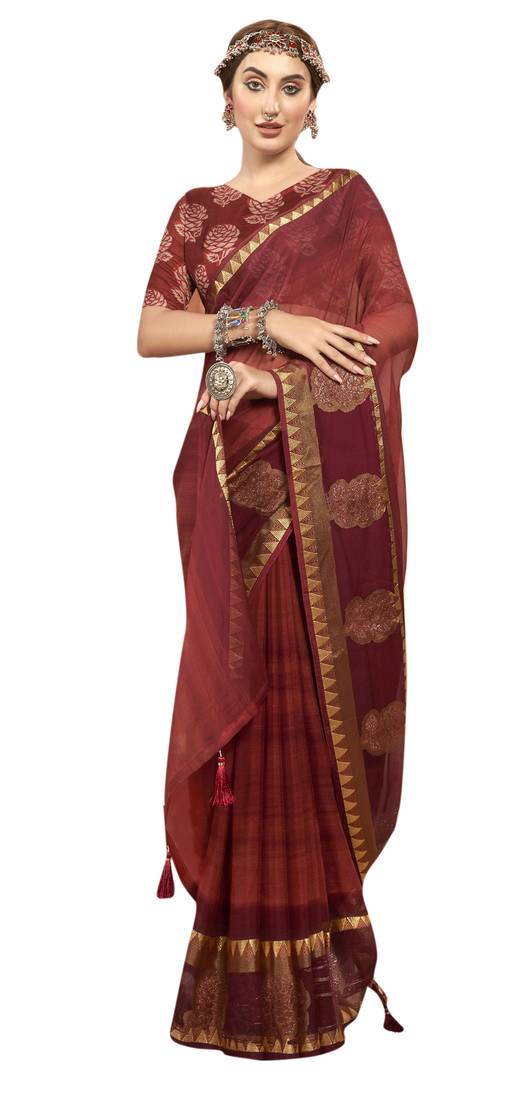 Red printed pure chiffon saree with blouse