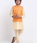 Boys Fawn Silk Blend Kurta and Churidar with Jacquard Peach Nehru Jacket