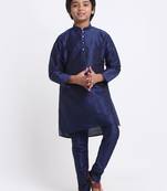 Boys Navy Blue Silk Blend Kurta and Churidar with Jacquard Peach Nehru Jacket