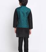Boys Black Silk Blend Kurta and Churidar with Jacquard Green Nehru Jacket