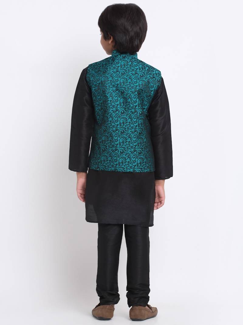Boys Black Silk Blend Kurta and Churidar with Jacquard Green Nehru Jacket