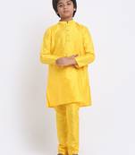 Boys Yellow Silk Blend Kurta and Churidar with Jacquard Red Nehru Jacket