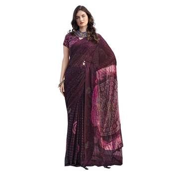 Purple printed pure georgette saree with blouse 1