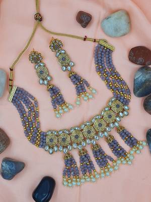 Glorious Grey Colour Kundan Gold Plated Choker Necklace Set for Women NS_1835_GY_295 1