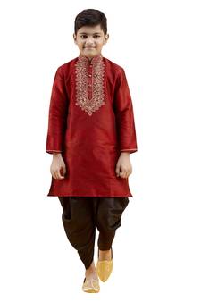 Maroon embroidered silk boys-kurta-pyjama
