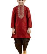 Maroon embroidered silk boys-kurta-pyjama