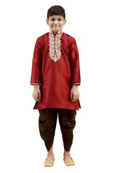 Maroon embroidered silk boys-kurta-pyjama