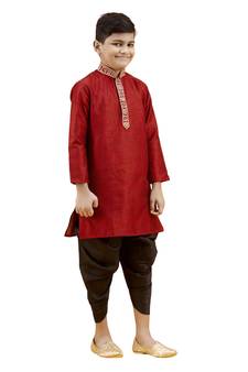 Maroon embroidered silk boys-kurta-pyjama