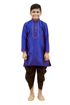 Blue embroidered silk boys-kurta-pyjama